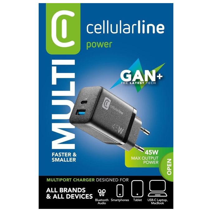 Cellular Line Multipower Micro 45W Caricabatterie da rete veloce ultracompatto 2 porte
