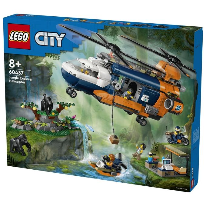 LEGO City Elicottero dell'Esploratore nella Giungla Modellino di Veicolo Giocattolo da Costruire con Doppi Rotori Giochi per Bambini da 8 Anni con Campo Base 3 Animali Gorilla e 5 Minifigure 60437