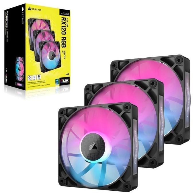 Corsair iCUE LINK RX120 RGB 120 mm Ventole PWM con Hub di Sistema iCUE LINK - Cuscinetto a Cupola Magnetica - Confezione Tripla - Nero