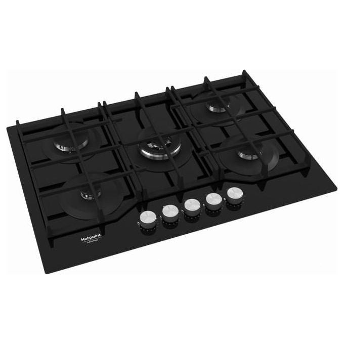 Hotpoint HAGS 72F-BK Serie Cristallo Nero Piano Cottura a Gas 5 Zone 1 Doppia Corona MyMenu Flame Control Griglie in ghisa 73 cm Nero