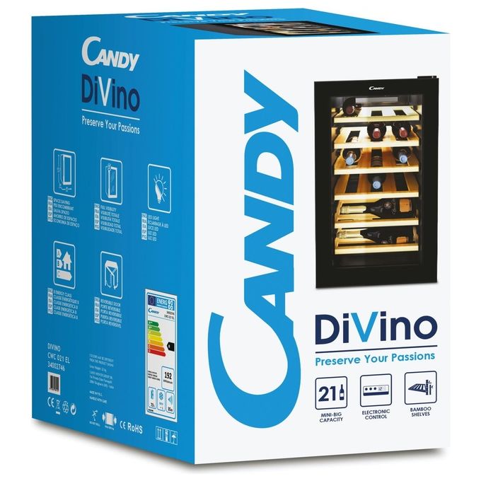 Candy CWCEL 210 DiVino Cantinetta Vino 21 Bottiglie Classe energetica G 7 ripiani cromati 70 cm Nero