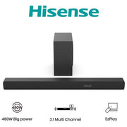 Hisense Soundbar HS3100, 3.1 canali 480W, Nero, Subwoofer wireless, Bluetooth