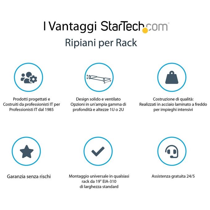StarTech Scaffale cantilever per montaggio a rack universale con fessure 16 2U - Ripiano per armadio server rack fisso - 22 kg
