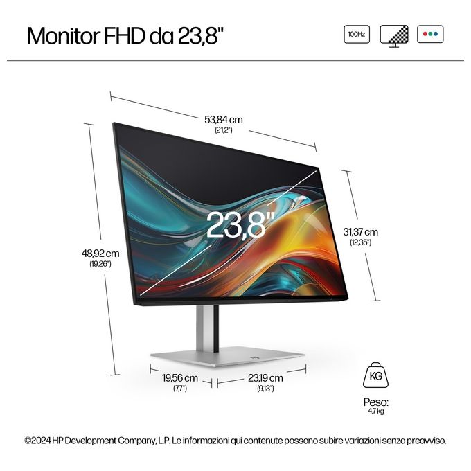 HP Series 7 Pro 724pf Monitor PC 23.8'' 1920x1080 Pixel Full HD Nero-Argento