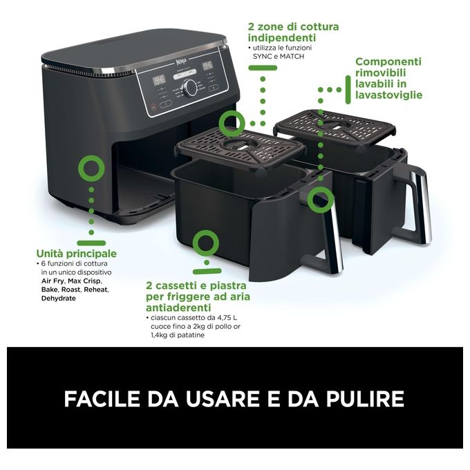 Ninja AF400EU Friggitrice ad Aria Calda Doppia 9.5 Litri Indipendente 2470W Nero