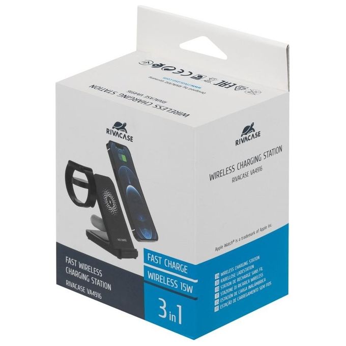 Rivacase VA4916 WH3 Caricatore Wireless 3 in 1 Ricarica 3 Dispositivi Contemporaneamente Certificato Qi 15W Nero