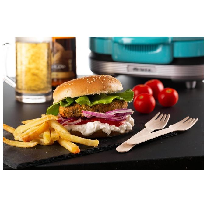 Ariete 205 Hamburger Maker Party Time Macchina per Fare Hamburger 1200W Doppie Piastre Antiaderenti 2 Scomparti Azzurro