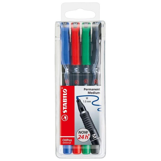 Marcatore - STABILO OHPen universal Permanente - Tratto Medio (1 mm) - Astuccio da 4 - Colori assortiti