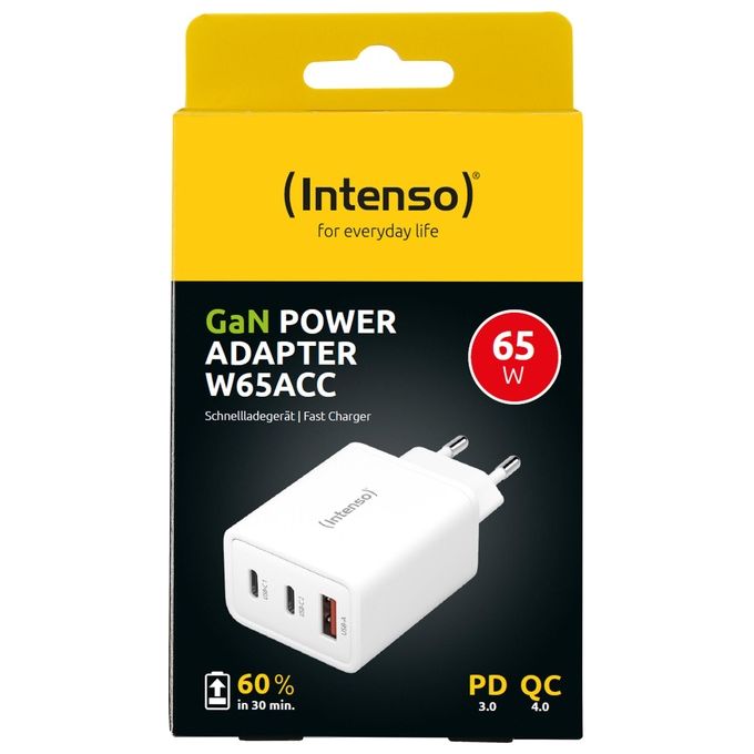 Intenso Power Adapter W65ACC Alimentatore USB con 1 USB-A e 2 Porte USB-C Tecnologia GaN a Risparmio Energetico e 65 Watt Bianco