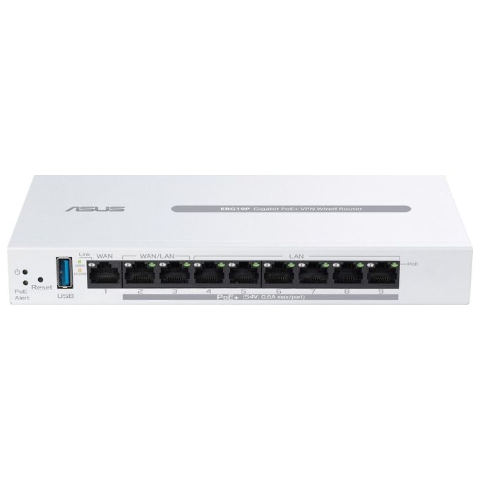 ASUS EBG19P Router Cablato Gigabit 8 Porte PoE 123W 3 Porte Ethernet WAN e USB Supporto Access Point Facile Gestione Centralizzata con l'App ExpertWiFi Bianco
