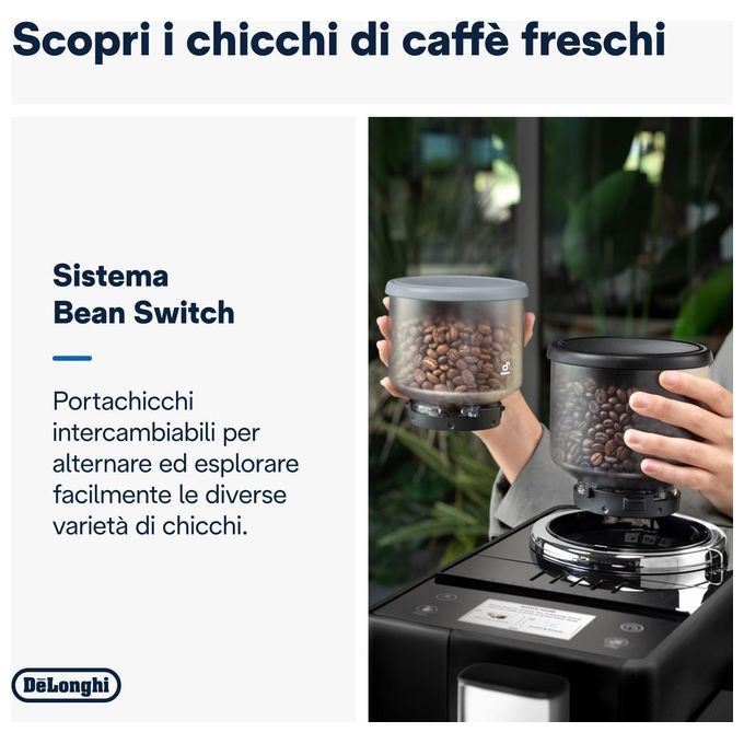 DeLonghi Rivelia Perfetto Macchina da Caffe' Automatica Chicchi Macinati al Momento Portachicchi Intercambiabile Montalatte Classico Display Touch a Colori Nero Onice