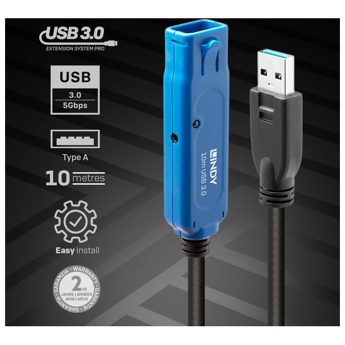 Lindy Prolunga Attiva Usb 3.0 10mt Nero