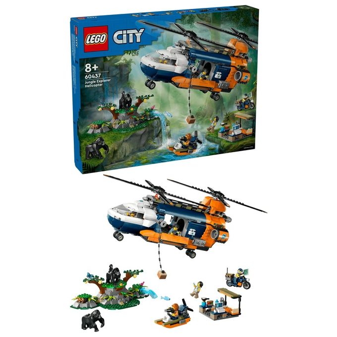 LEGO City Elicottero dell'Esploratore nella Giungla Modellino di Veicolo Giocattolo da Costruire con Doppi Rotori Giochi per Bambini da 8 Anni con Campo Base 3 Animali Gorilla e 5 Minifigure 60437
