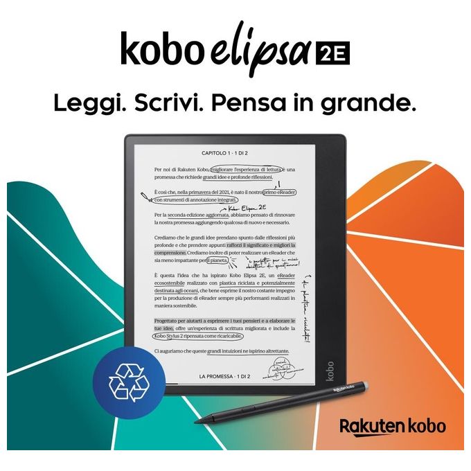 Kobo Elipsa 2E eReader Display 10,3'' Carta E Ink 1200 Multiformato Audiolibri 32Gb Stylus 2 inclusa Nero