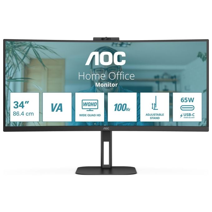 AOC CU34V5CW - Monitor curvo WQHD da 34 pollici, webcam da 2 MP, altoparlante, altezza regolabile (3440 x 1440, 100 Hz, HDMI, DisplayPort, USB-C, hub USB) Nero Visita lo Store di AOC
