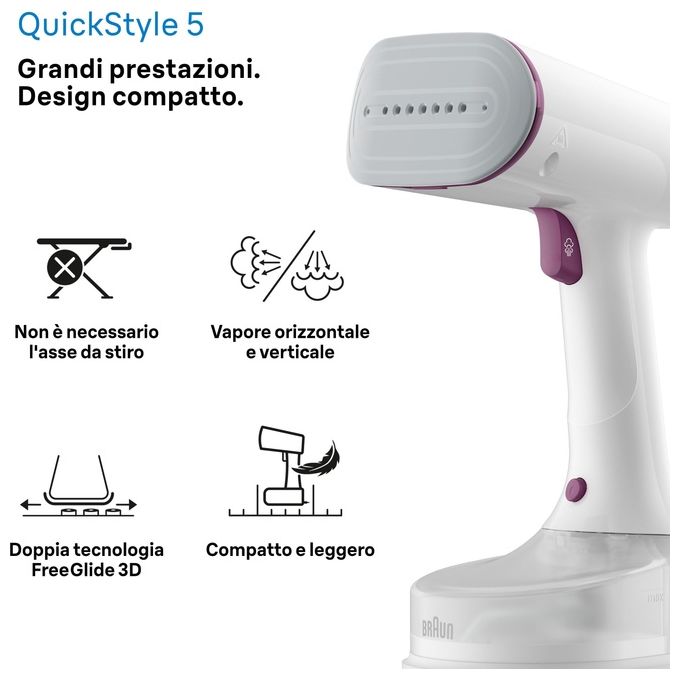 Braun QuickStyle 5 GS5011PU Stiratore Verticale con la Prima Piastra al Mondo con Tecnologia Dual FreeGlide 3D Riscaldamento Rapido 1200W Bianco-Viola