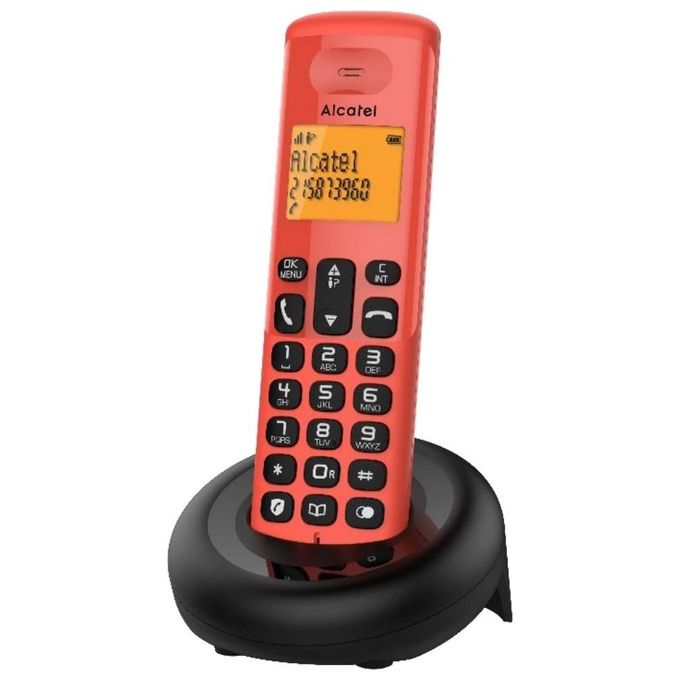 Alcatel E160 Rosso Telefono Cordless DECT con Blocco Chiamate Indesiderate Ampio Display Retroilluminato Arancione di Facile Lettura Suonerie Classiche e Polifoniche