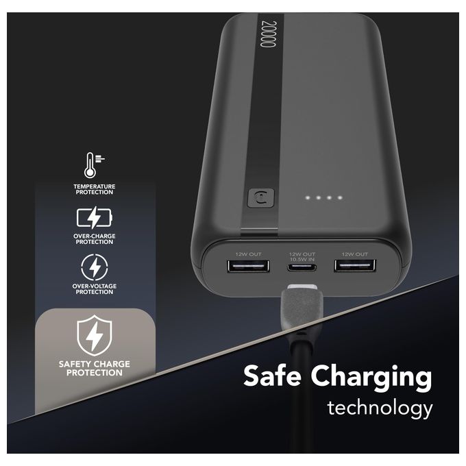 Cellular Line Power Bank 20000 mAh Input USB-C 10.5W Output 2xUSB 12W Li-ion LED luminosi indicano carica residua Nero
