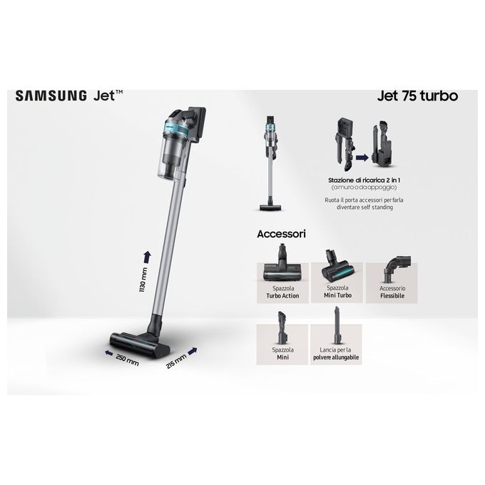 Samsung VS20T7531T1-ET Jet 75 Turbo Scopa Elettrica Senza Filo Senza Sacco Potenza 200W Autonomia 60 Minuti Silver