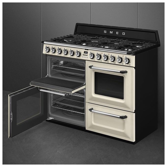 Smeg TR4110P1 Cucina a Gas con Forno Elettrico Multifunzione Termoventilato + Ventilato Estetica Victoria 7 Fuochi Griglie in Ghisa Classe energetica A Vapor Clean 110x60 cm Panna