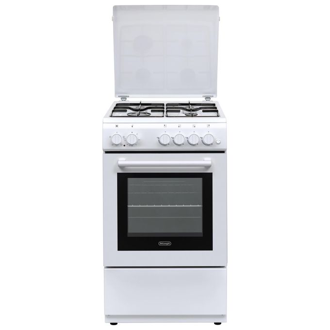 De Longhi DL554EW Cucina a Gas 4 Fuochi Forno Elettrico con Grill Larghezza x Profondita' 50x50 cm con Coperchio colore Bianco