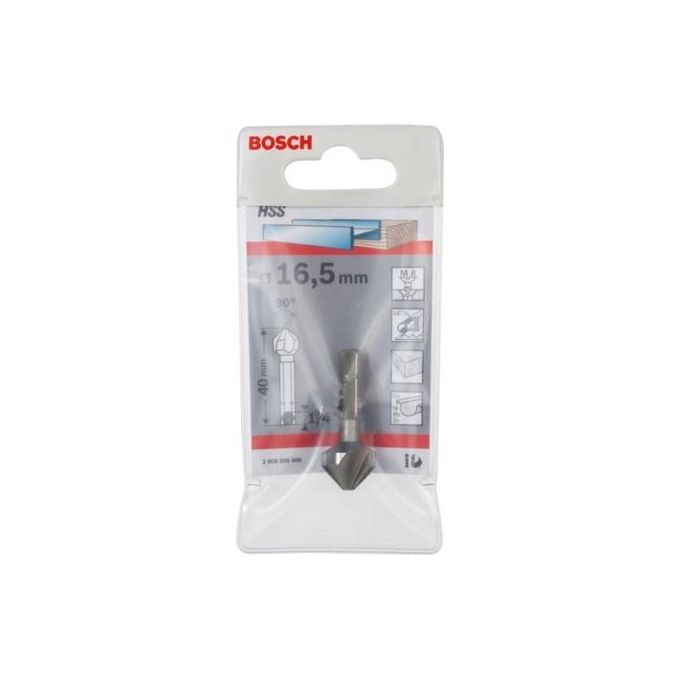Bosch 2608596408 Svasatore Conico HSS con Codolo Esagonale 16,5 mm M 8 1-4'' 3 Taglienti 90° DIN 335 colore Nero