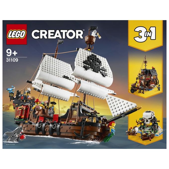 LEGO Creator 31109 Galeone dei Pirati, Set 3 in 1 con Nave Giocattolo, Locanda e Isola del Teschio, Minifigure e Squalo
