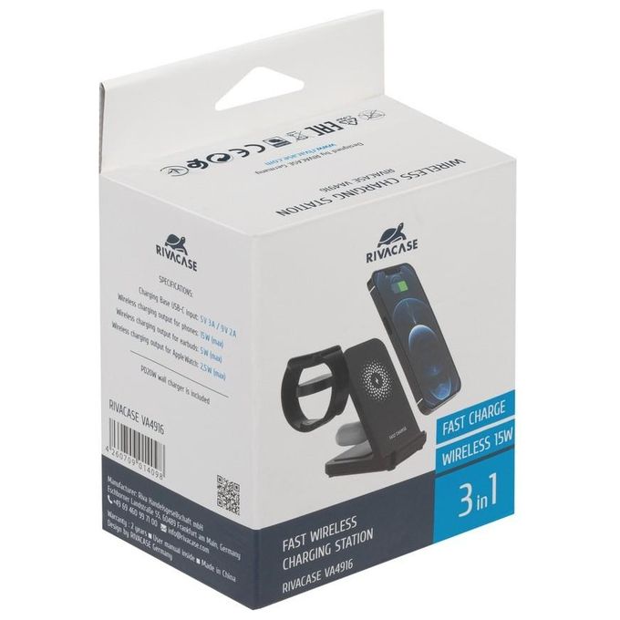 Rivacase VA4916 WH3 Caricatore Wireless 3 in 1 Ricarica 3 Dispositivi Contemporaneamente Certificato Qi 15W Nero