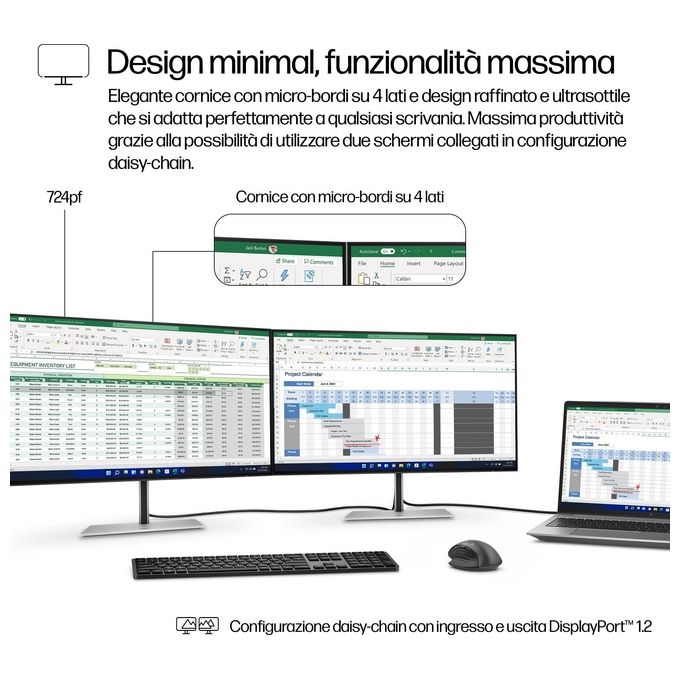HP Series 7 Pro 724pf Monitor PC 23.8'' 1920x1080 Pixel Full HD Nero-Argento