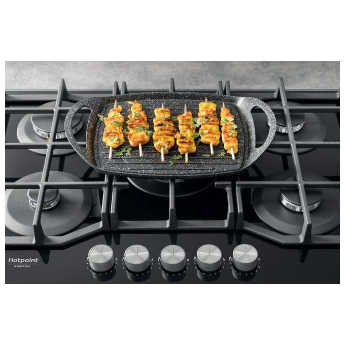 Hotpoint HAGS 72F-BK Serie Cristallo Nero Piano Cottura a Gas 5 Zone 1 Doppia Corona MyMenu Flame Control Griglie in ghisa 73 cm Nero