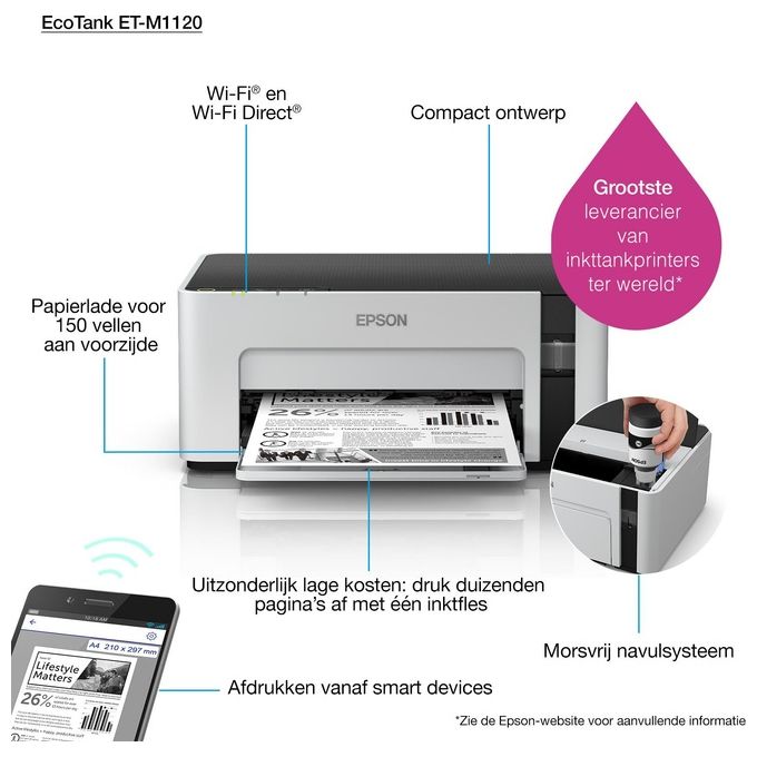 Epson EcoTank ET-M1120 Stampante in Bianco e Nero Ink-Jet A4-Legal 1440x720Dpi Usb 2.0