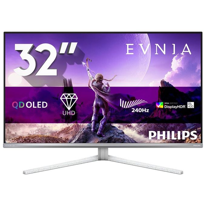 Philips Evnia 32M2N8900 Monitor da gioco OLED UHD da 32'' 240 Hz 003 ms HDR400 FreeSync Prem. Pro G-Sync comp. (3840x2160 2x HDMI 2.1 1x DP 1.4 1x USB-C (65 W PD) hub USB) bianco