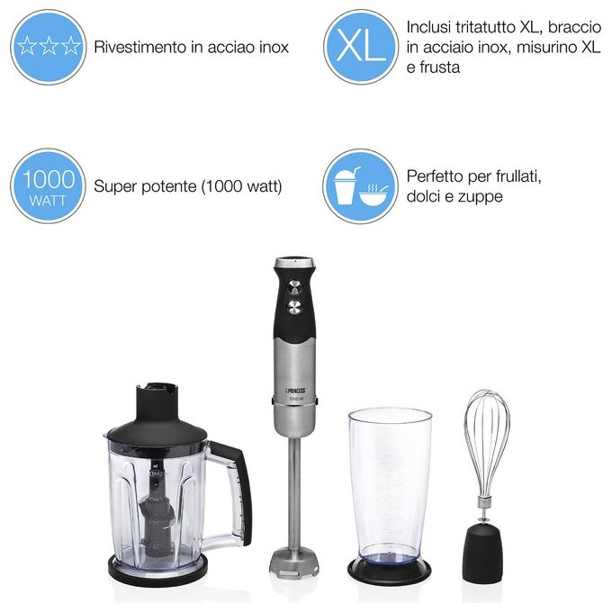 Princess 221221 Set frullatore a immersione XL con controllo della velocita' 1000 W acciaio inox finitura in gomma nero