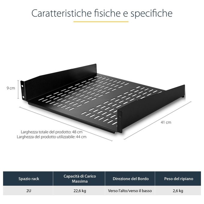 StarTech Scaffale cantilever per montaggio a rack universale con fessure 16 2U - Ripiano per armadio server rack fisso - 22 kg