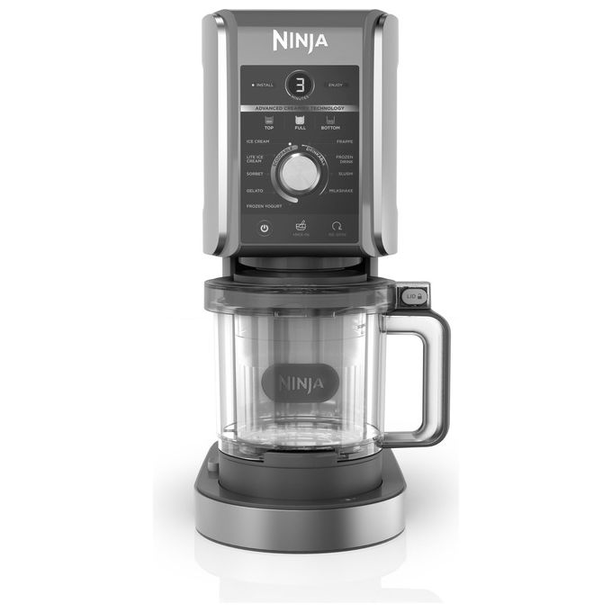 Ninja CREAMi Deluxe NC501EU - Gelatiera turbina elettrica con compressore, capacita' 2,1 L, potenza 800 W, 3 vaschette da 709 ml, 10 programmi (gelato, sorbetto, frappé…), funzione CREAMify, timer digitale, pezzi lavabili in lavastoviglie, Nero-Grigio