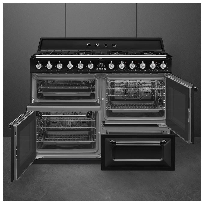 Smeg TR4110BL1 Cucina a Gas con Forno Elettrico Multifunzione Termoventilato + Ventilato Estetica Victoria 7 Fuochi Griglie in Ghisa Classe energetica A Vapor Clean 110x60 cm Nero