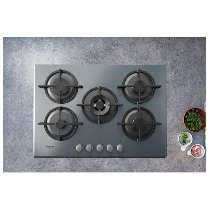 Hotpoint HAGD 72S-SL Linea Estetica Diamond Piano Cottura a Gas 5 Zone 1 Doppia Corona Griglie in ghisa 73 cm Argento