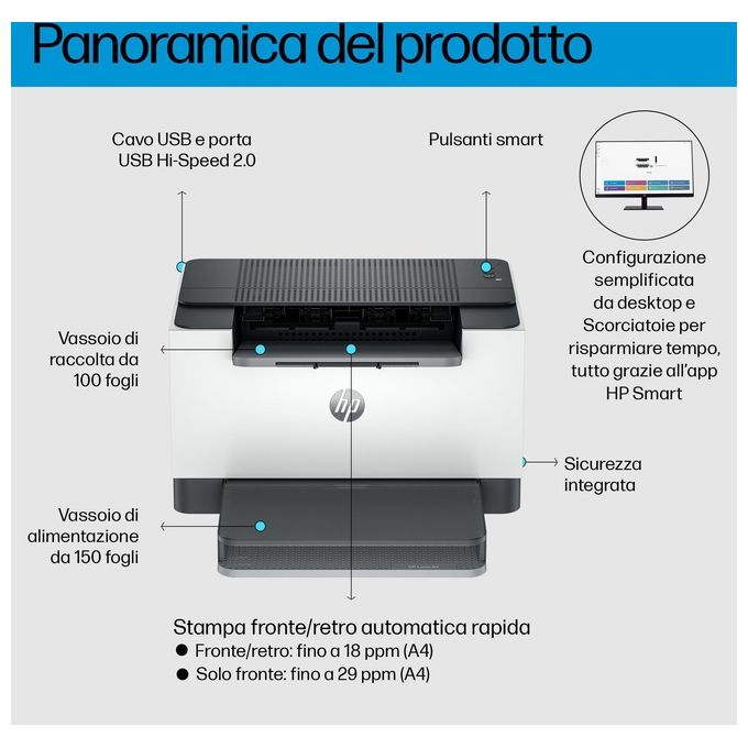 HP LaserJet M209d 8J9L0F Stampante a Singola Funzione A4 Stampa Fronte e Retro Automatica in Bianco e Nero Pannello di Controllo con Pulsanti LED Grigia