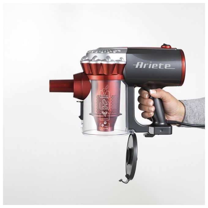 Ariete 2761 Handy Force – Scopa elettrica con filo senza sacchetto, capacita' 0,5 L, potenza 600 W, sistema ciclonico, accessori inclusi, colore Nero-Rosso