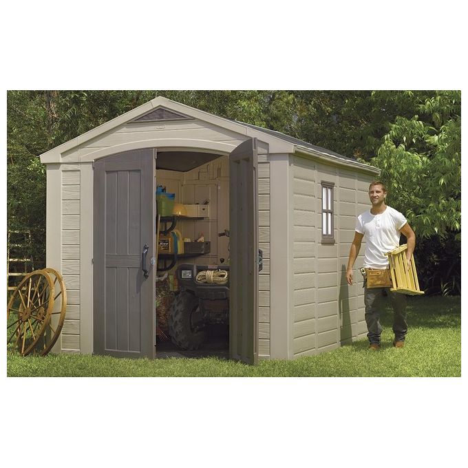 Keter K209876 Factor Casetta da Giardino in Resina 8x11 con Pavimento e Mensole Incluse 256x331x243 cm colore Beige