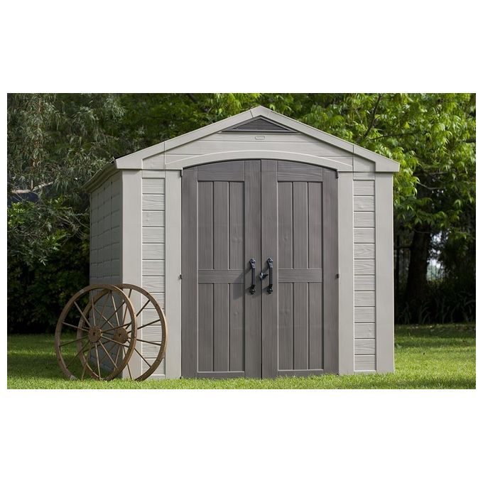 Keter K209876 Factor Casetta da Giardino in Resina 8x11 con Pavimento e Mensole Incluse 256x331x243 cm colore Beige