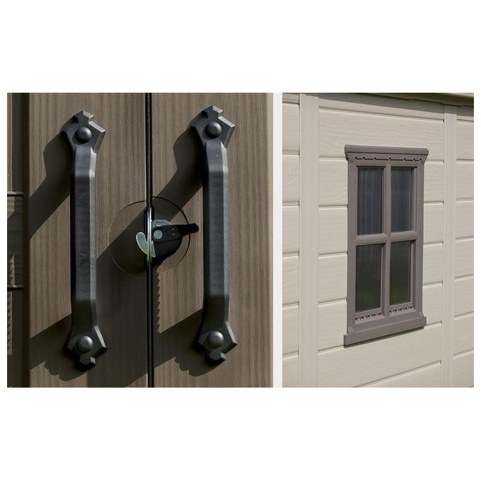 Keter K209876 Factor Casetta da Giardino in Resina 8x11 con Pavimento e Mensole Incluse 256x331x243 cm colore Beige