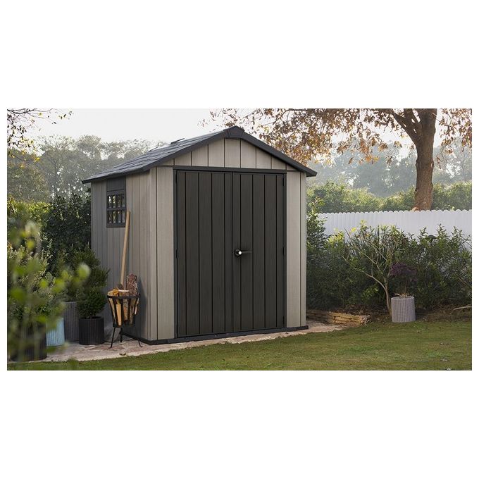 Keter OAKLAND 757 Casetta da Giardino in Resina DUOTECH Doppia Porta Pavimento Incluso 229x223x242 cm colore Grigio