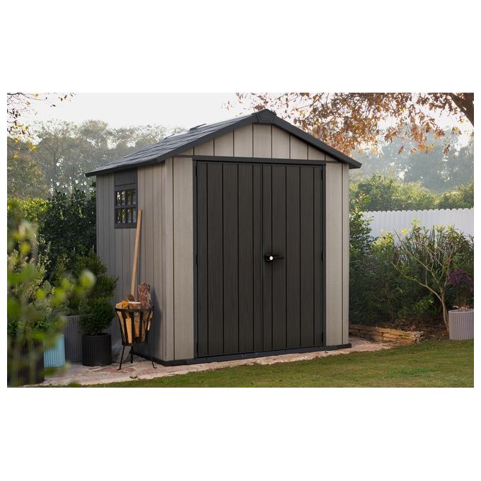 Keter OAKLAND 757 Casetta da Giardino in Resina DUOTECH Doppia Porta Pavimento Incluso 229x223x242 cm colore Grigio