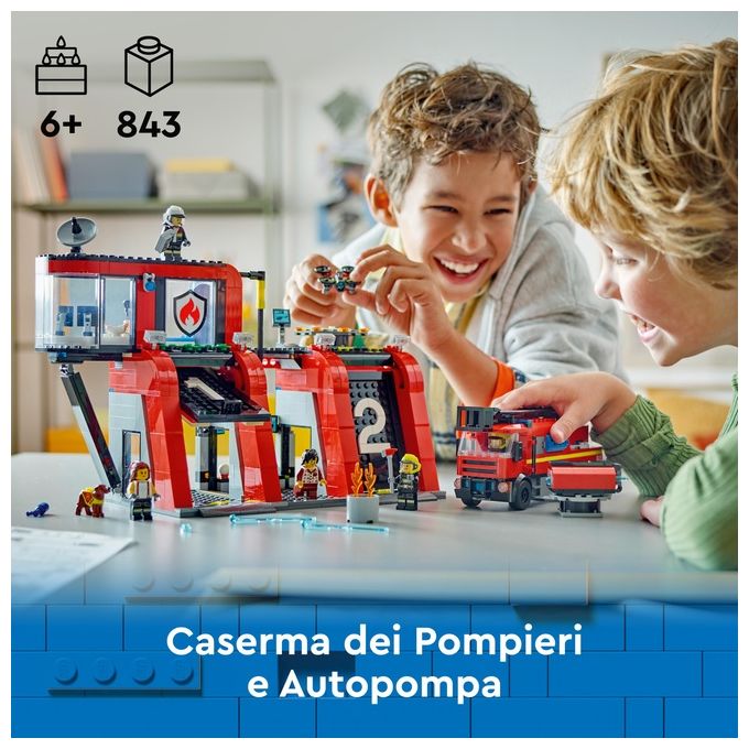 LEGO City 60414 Caserma dei Pompieri e Autopompa con Camion Giocattolo, 6 Minifigure, Cane e Accessori, Gioco per Bambini 6+