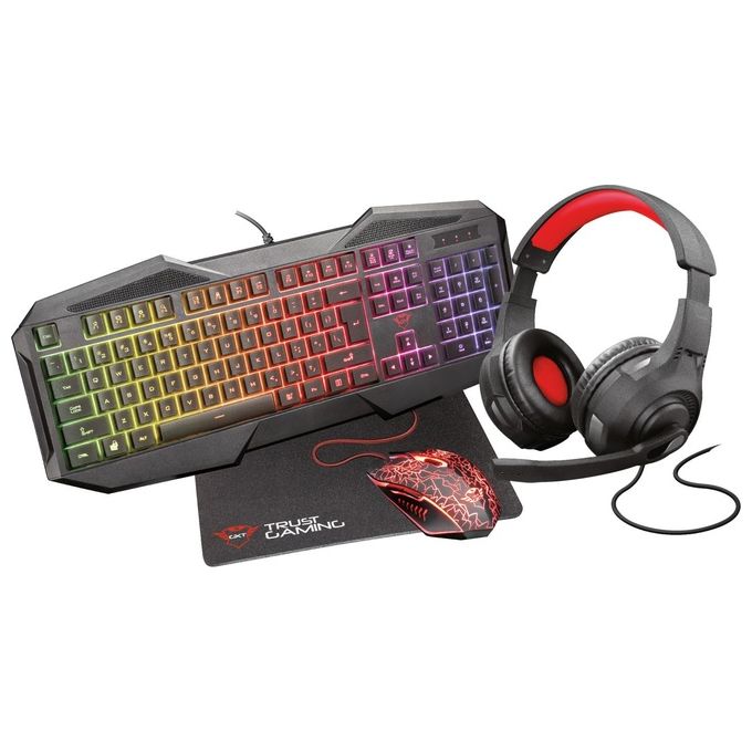 Trust Gaming GXT 1180RW USB Kit Cuffie Tappetino Antiscivolo e Tastiera Illuminata con 12 Tasti Multimediali e Mouse con 6 Pulsanti Nero
