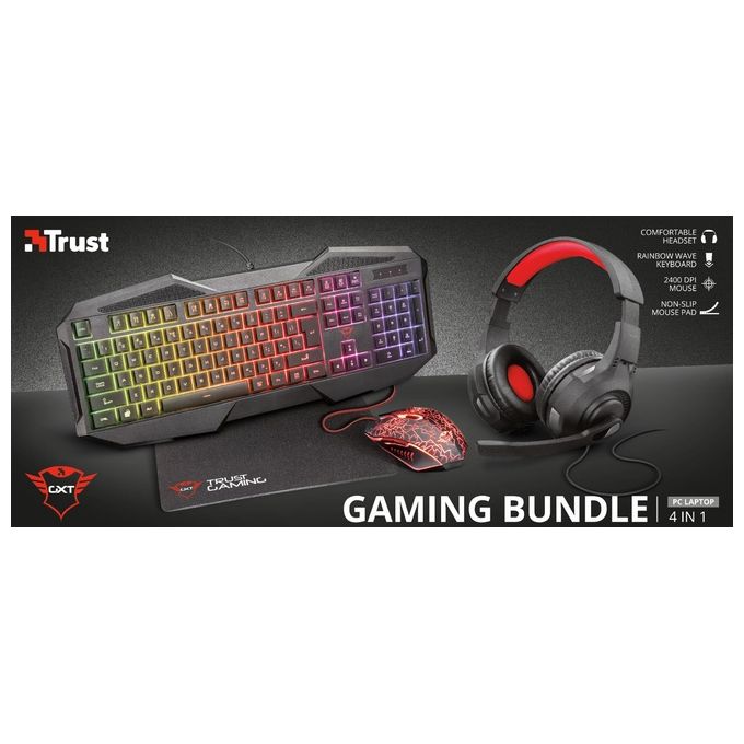 Trust Gaming GXT 1180RW USB Kit Cuffie Tappetino Antiscivolo e Tastiera Illuminata con 12 Tasti Multimediali e Mouse con 6 Pulsanti Nero