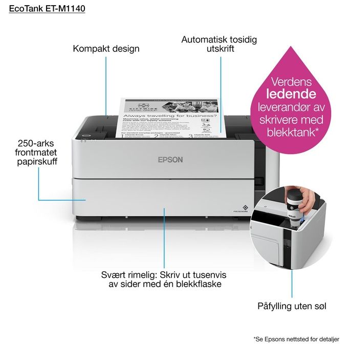 Epson EcoTank ET-M1140 Stampante Monocromatica Velocita' di Stampa di 20ppm Vassoio da 250 Fogli