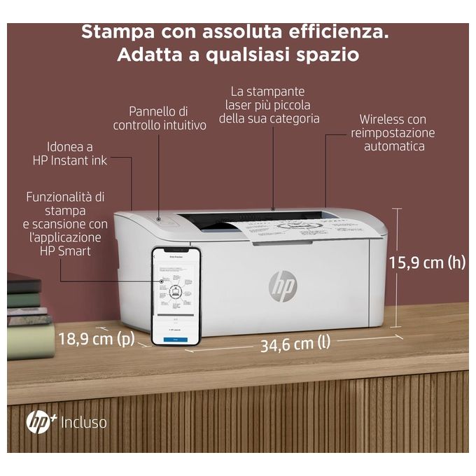 HP LaserJet M110we 7MD66E, Stampante a Singola Funzione Laser A4 Monocromatica, Stampa Fronte e Retro Manuale in b-n, 20 ppm, Wi-Fi, HP Smart, 6 Mesi di Piano Toner Instant Ink incluso con HP+, Bianca