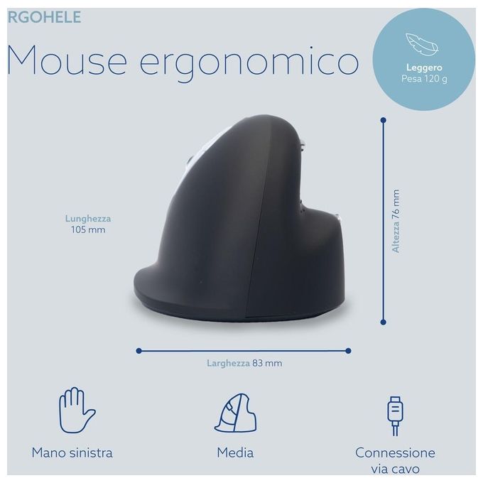 R-Go Tools R-Go HE Mouse ErgonomicoMedio (165-195mm) Mancino Cablato
